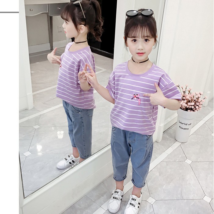 Áo phông kẻ phối túi thêu báo hồng siêu đẹp dành cho bé gái lớn