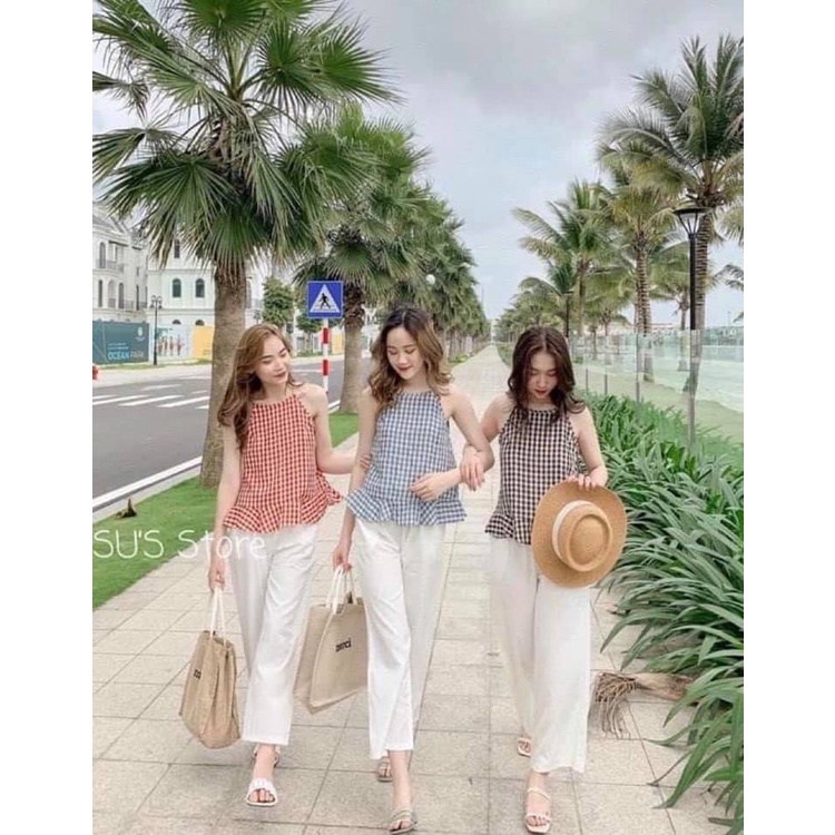 Áo yếm kẻ caro nữ xanh đen hồng freesize hở lưng sexy phong cách hàn quốc ylydress  C322