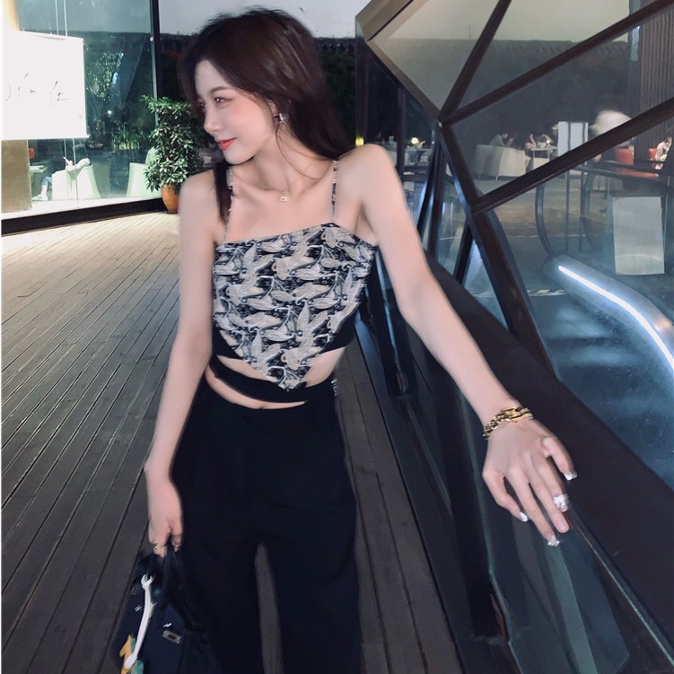 Áo Croptop Sát Nách Hoạ Tiết In Phong Cách Vintage Quyến Rũ