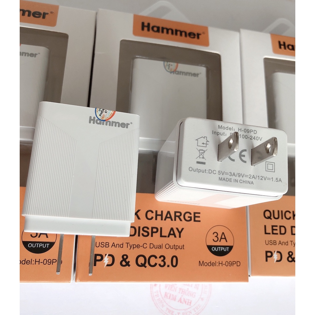 Cóc sạc nhanh Hammer 18W , PD & Quick Charge 3.0A, có LCD hiển thị dòng điện, Hàng chính hãng bảo hành 12 tháng