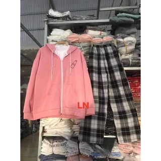 [Sói Xám] [Free ship 50k] ❤️❤️❤️- Sét áo nỉ khoá chai lọ+quần kẻ ô LN11 -Vải xịn