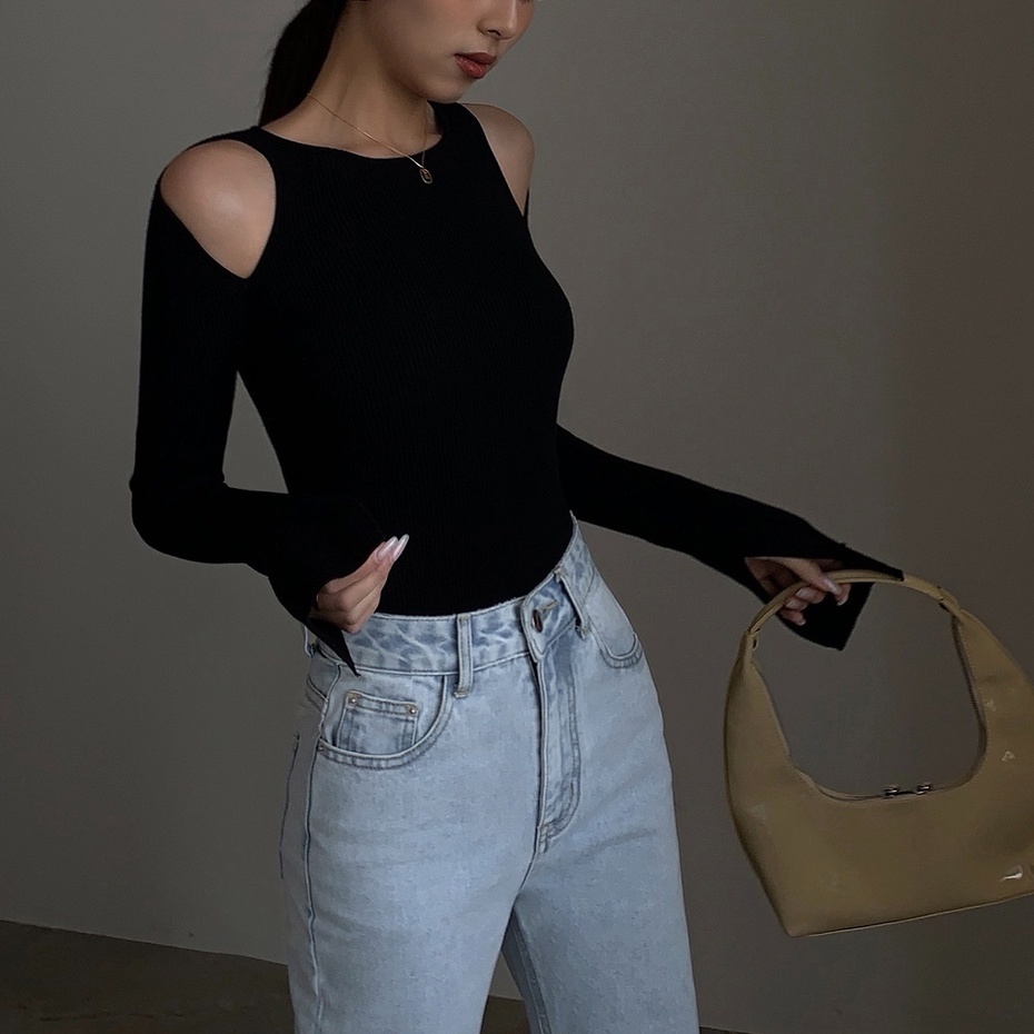 Áo thun body nữ dài tay Bare áo body khoét vai ôm sát chất thun gân tăm - AO085
