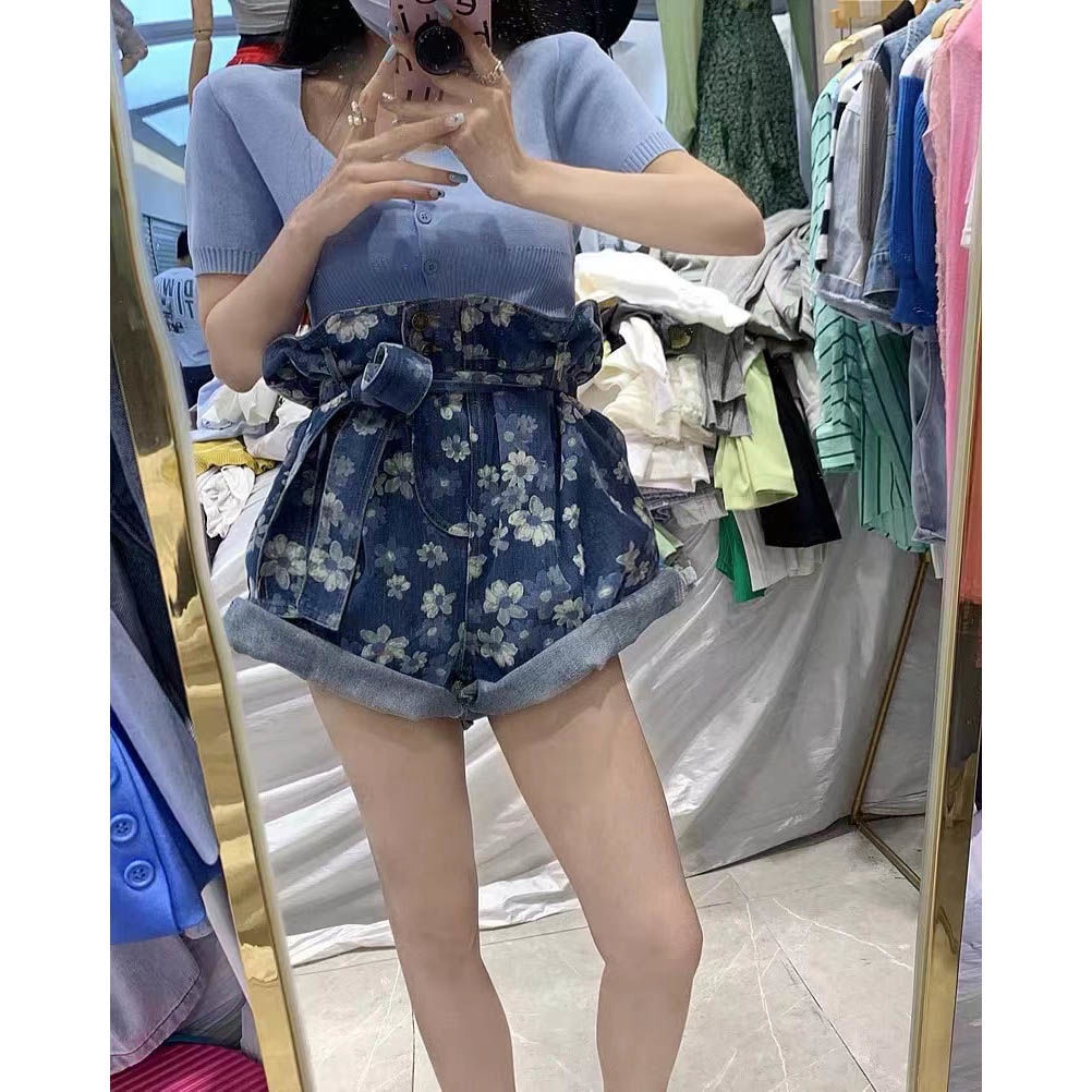 Quần short lưng cao ống rộng họa tiết hoa thanh lịch dễ thương cho nữ