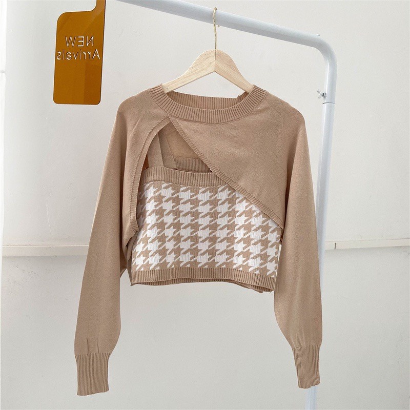 Set len hai món áo 2 dây kèm áo khoác ngoài họa tiết caro zik zắc 4 màu