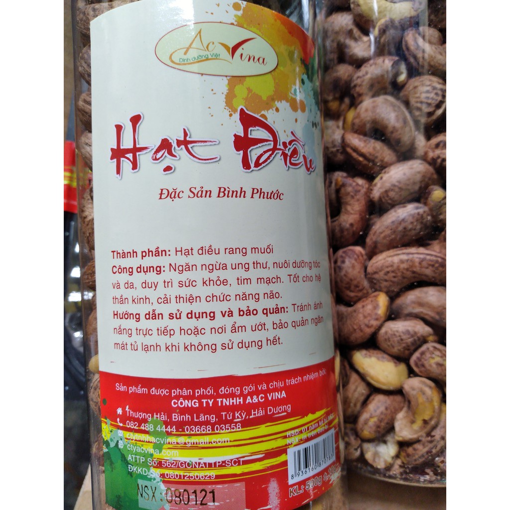 Hạt điều rang muối (lọ 500g) nguyên hạt, còn vỏ lụa