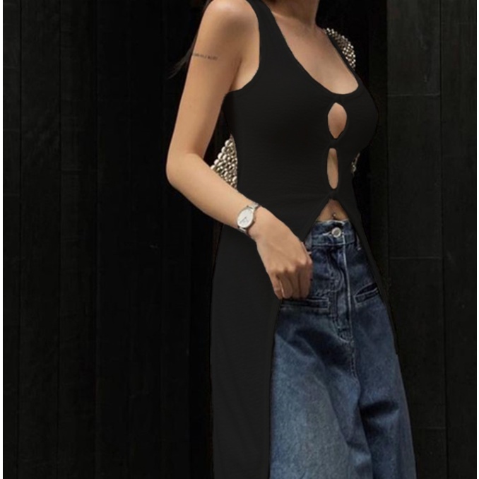 LD-Women Summer Sleeveless Vest, Solid Color U-Neck Front Hollow Out Slit Hem Slim Fit Mid-Length Tank Tops