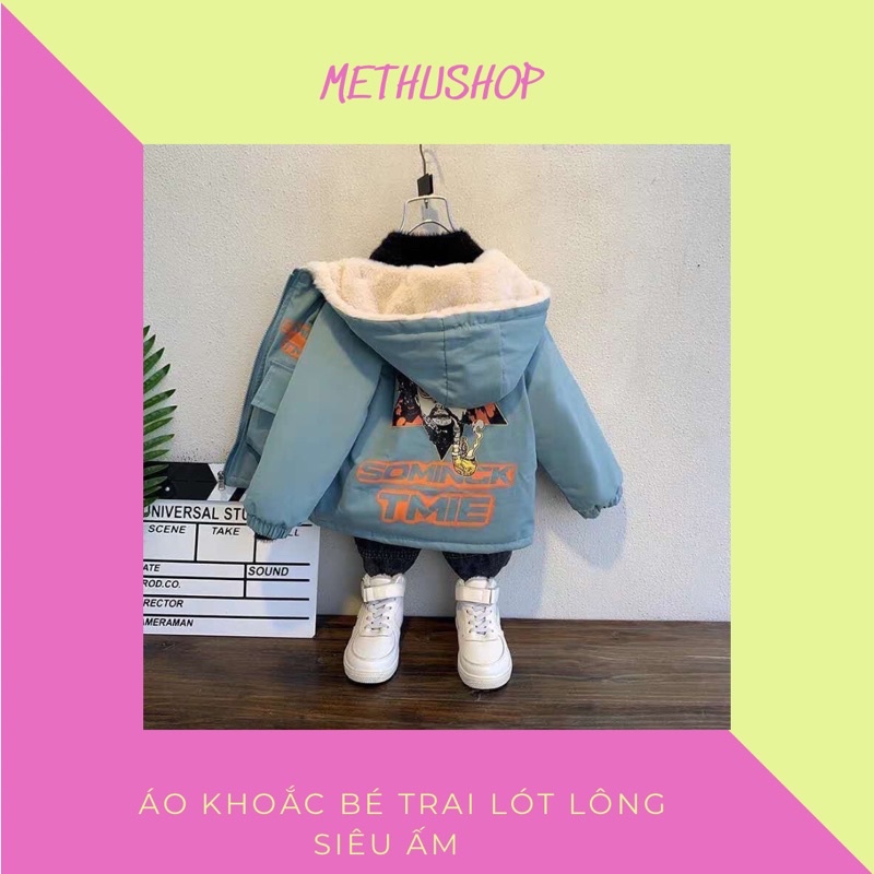 Áo khoác bé trai túi hộp lót lông cừu