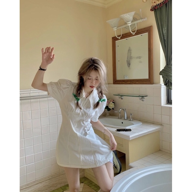 Váy sơmi tay bồng chỉ nổi phong cách trẻ trung hàn quốc