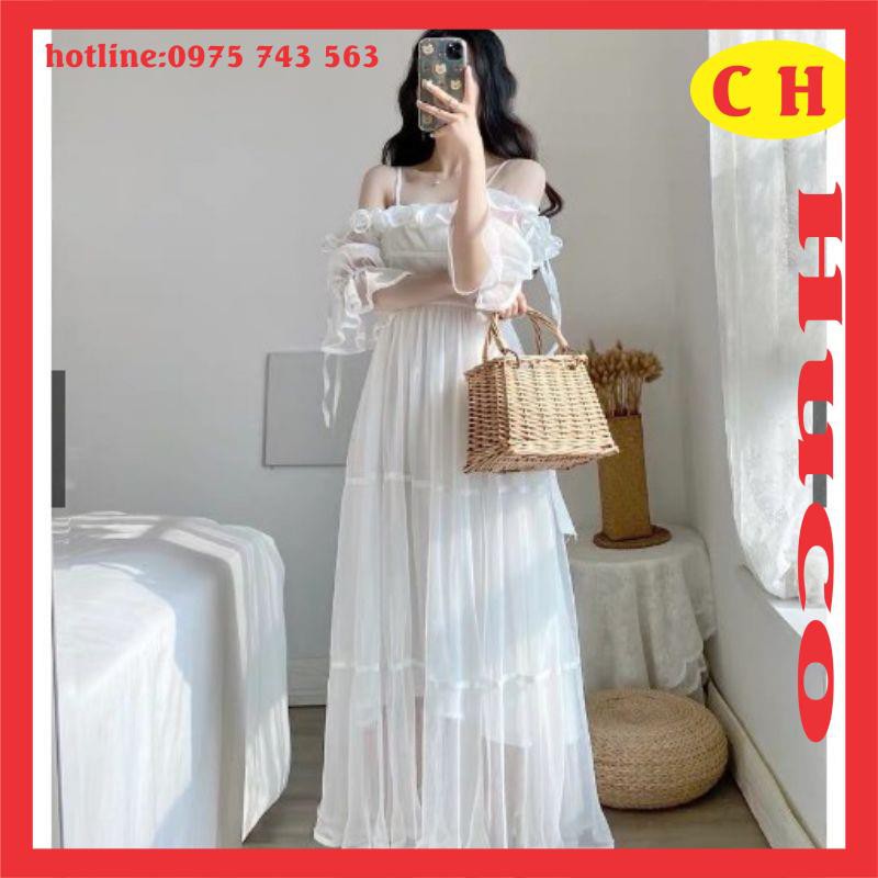váy voan tơ hai dây trễ vai, đầm tiểu thư maxic đi biển có bèo nhún tay lỡ chun nhẹ,váy trắng xòe nhiều tầng hai lớp lót | BigBuy360 - bigbuy360.vn
