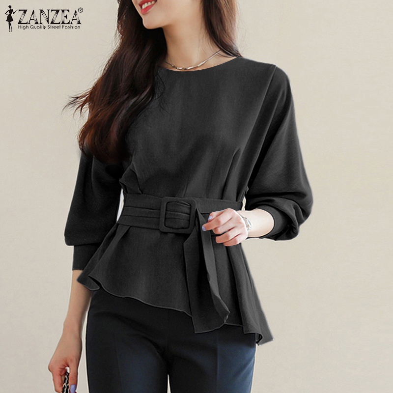 ZANZEA Áo Kiểu Hàn Quốc Tay Dài Cổ Tròn Buộc Eo Thời Trang Cho Nữ