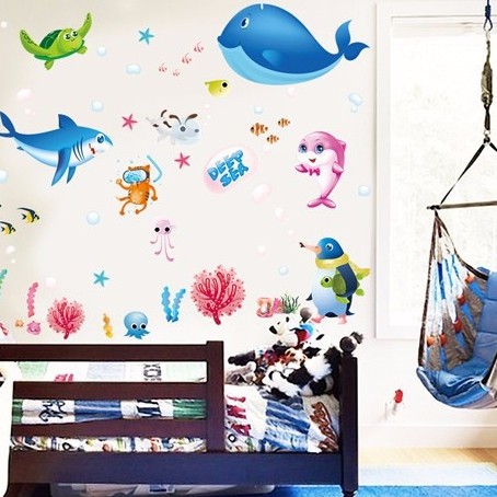 Tranh dán tường cho bé, đề can dán tường cho bé, hình dán sticker cá cho bé trang trí phòng học