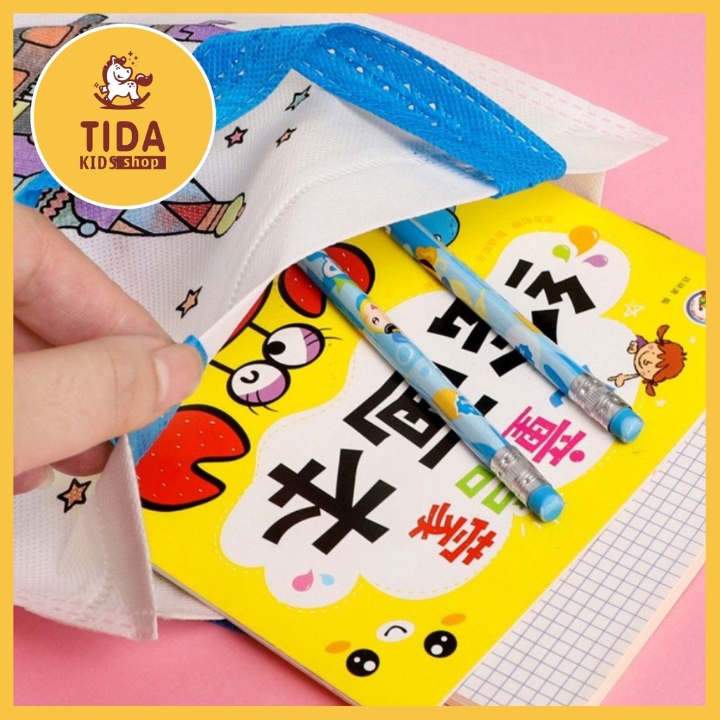 Set Túi Tote ⚡️HOT TREND ⚡️ Kèm Bút Lông Trang Trí 6 Màu, Túi 37*22cm Dễ Thương, Văn Phòng Phẩm TiDa Kids Shop