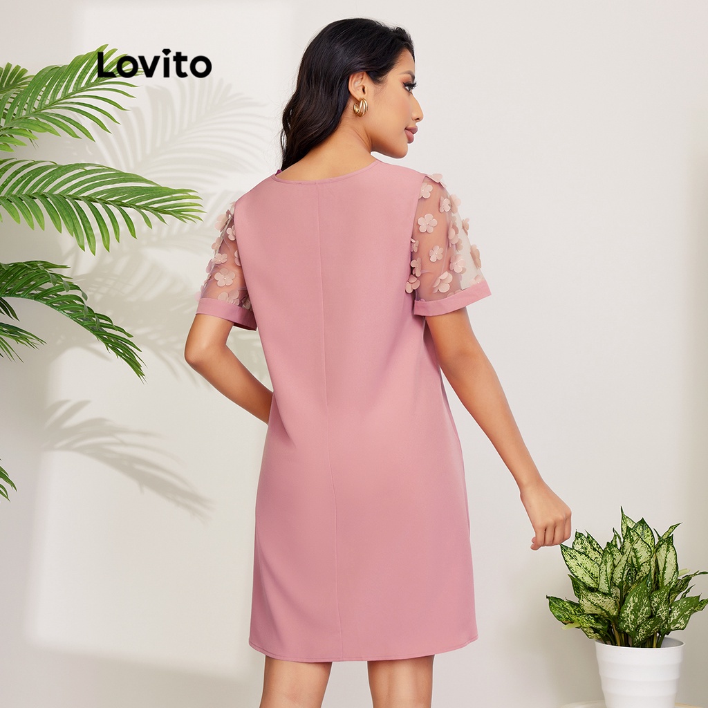 Đầm Lovito màu trơn lưới đính phụ kiện viền vỏ sò phong cách lãng mạn L27LD152 (màu hồng)