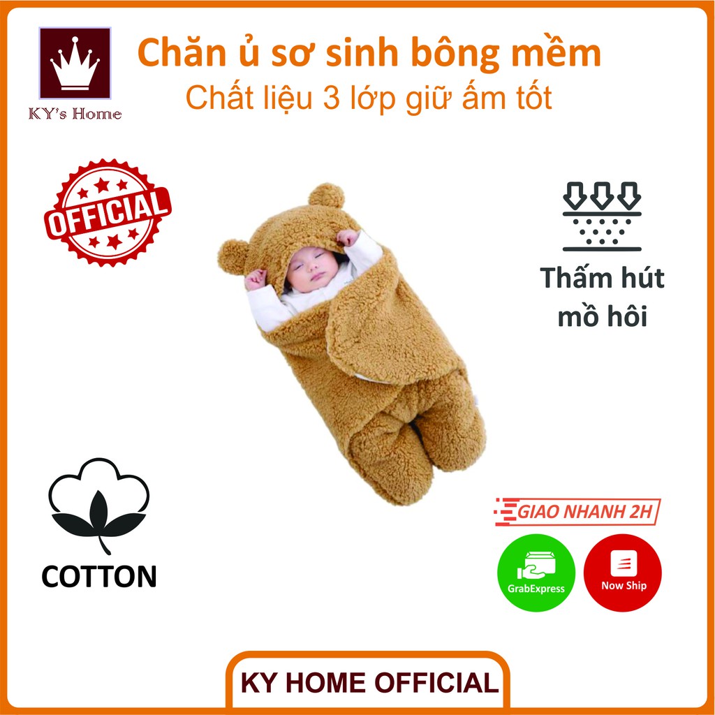 Chăn ủ sơ sinh cuốn nhộng lông mềm 3 lớp choàng ấm em bé mùa đông họa tiết gấu con (0-3 tháng)