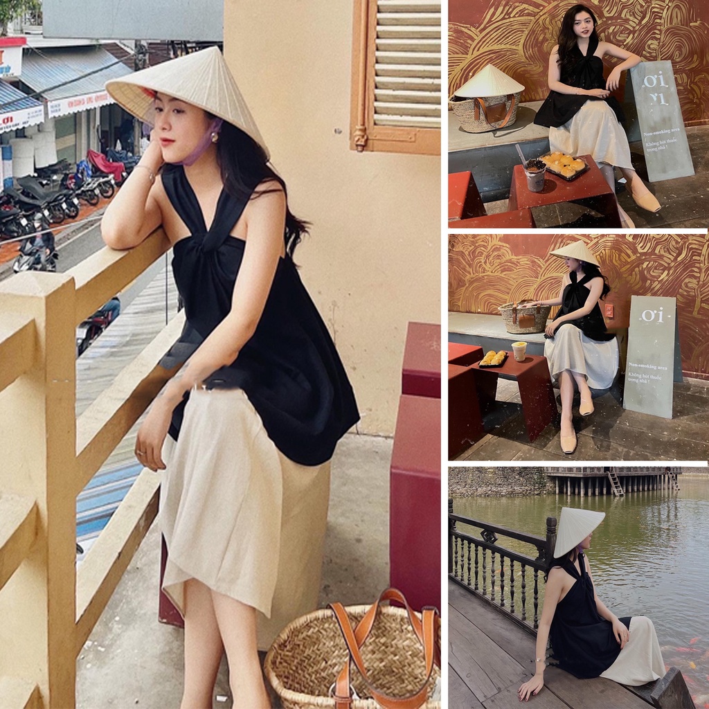 Set lụa hàn cổ chéo mix chân váy midi nữ set chân váy đi du lịch checkin siêu hot DN845