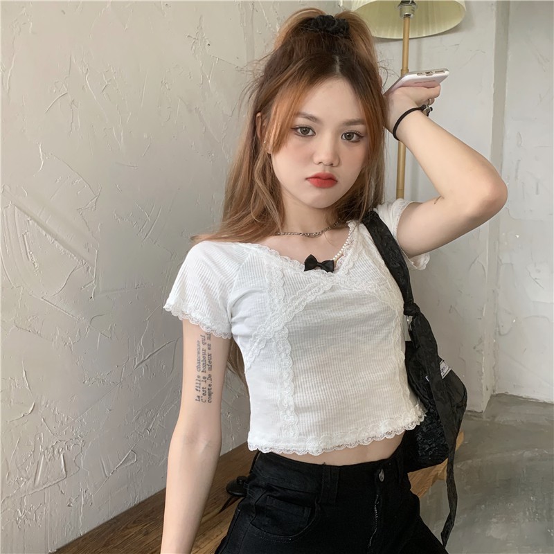 [HOT ORDER] ÁO THUN CROPTOP NGẮN TAY NƠ CỔ ÔM THÂN NỮ TÍNH THỜI TRANG ULZZANG HÀN QUỐC CAO CẤP LOẠI 1