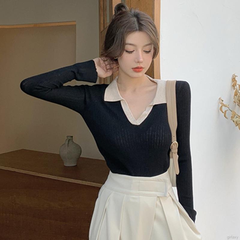 Áo dệt kim tay dài màu sắc đơn giản phong cách Hàn Quốc thời trang cho nữ