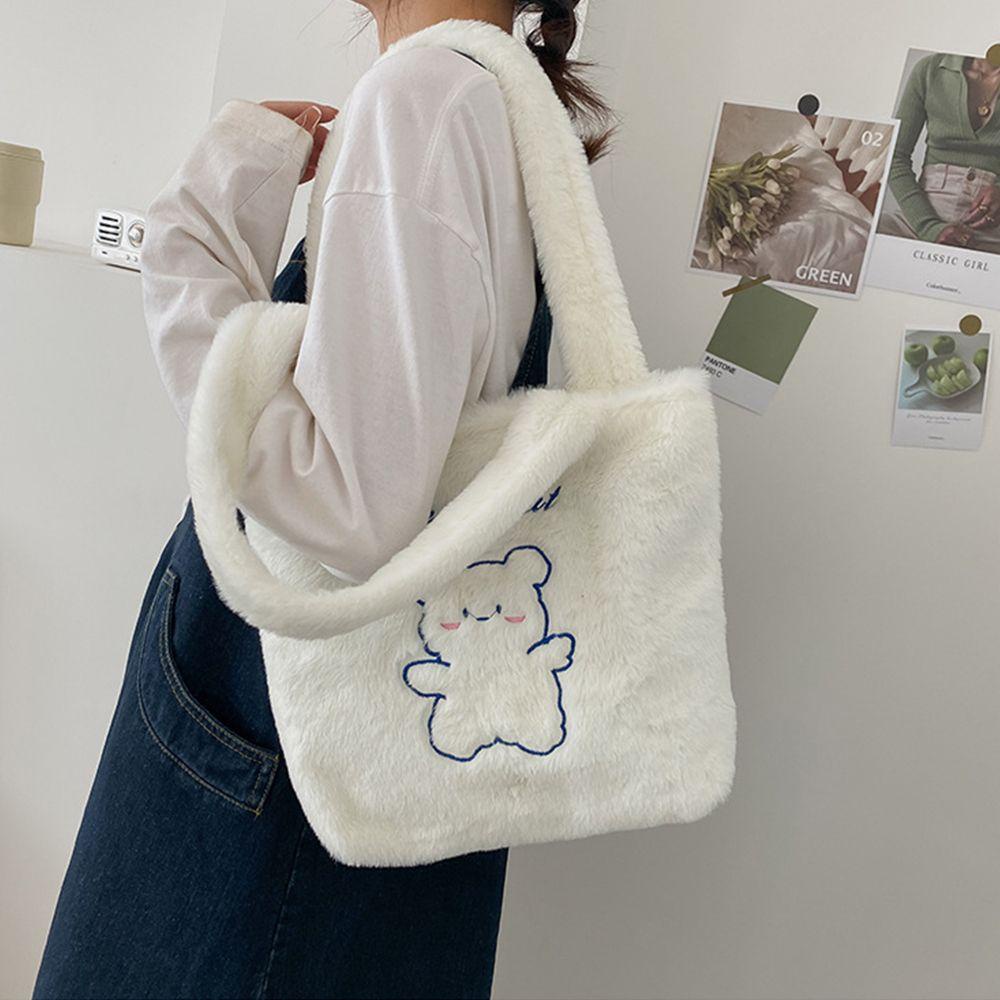 Túi Xách Tote Vải Lông Mềm Hình Gấu Hoạt Hình Đáng Yêu Sức Chứa Lớn Thời Trang Thu Đông Cho Nữ