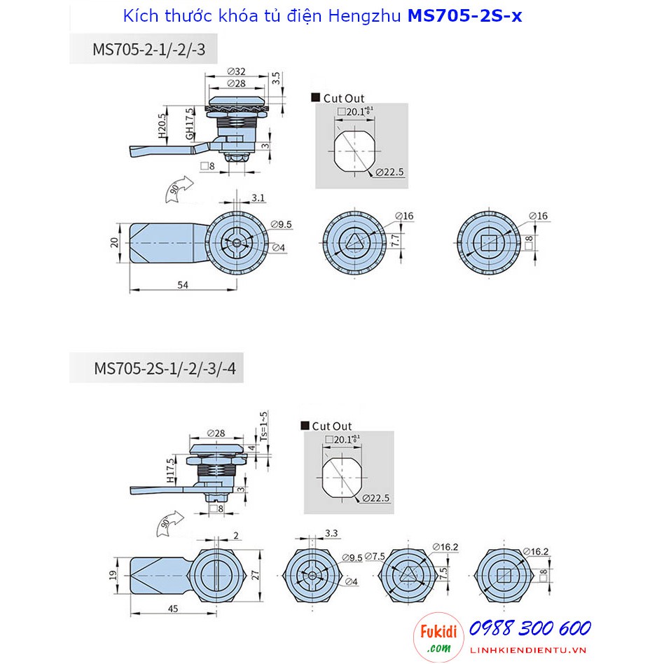Khóa tủ điện Hengzhu MS705-2S-x inox 304, phi 22mm, MS705-2S-1, MS705-2S-2, MS705-2S-3, MS705-2S-4