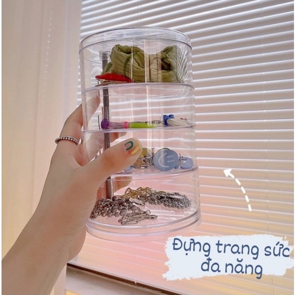 Hộp nhựa đựng trang sức bông tai trong suốt 3 tầng 4 tầng xoay 360 khay đa năng tiện lợi