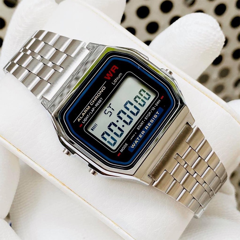 Đồng hồ Casio điện tử nam nữ a158 dây thép không gỉ máy Nhật chống nước