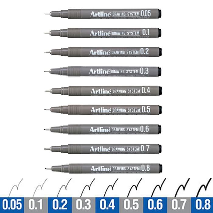 Full bộ bút line Artline Drawing System mực đen (0.03-0.05-0.1-0.2-0.3-0.4-0.5-0.6-0.7-0.8-BRUSH)