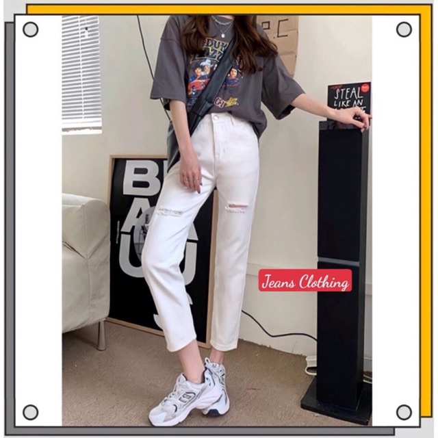 Quần kaki baggy nữ cạp cao màu trắng rách gối nhẹ - chất kaki mềm chuẩn fom