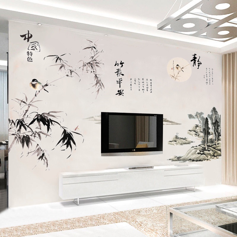 Decal dán tường tranh Phong thủy 3D tre núi TO NHẤT