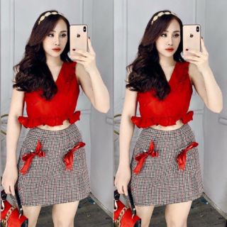 SET ÁO CROPTOP BÈO + CHÂN VÁY CARO ảnh cận vải