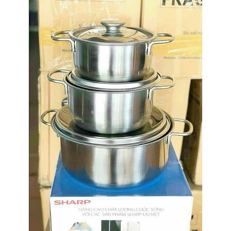 Bộ 3 nồi inox Sharp dùng bếp từ, bếp ga, bếp hồng ngoại Misy Home size 16 20 24 cm xoong nồi nấu ăn nấu mì kho cá bếp từ