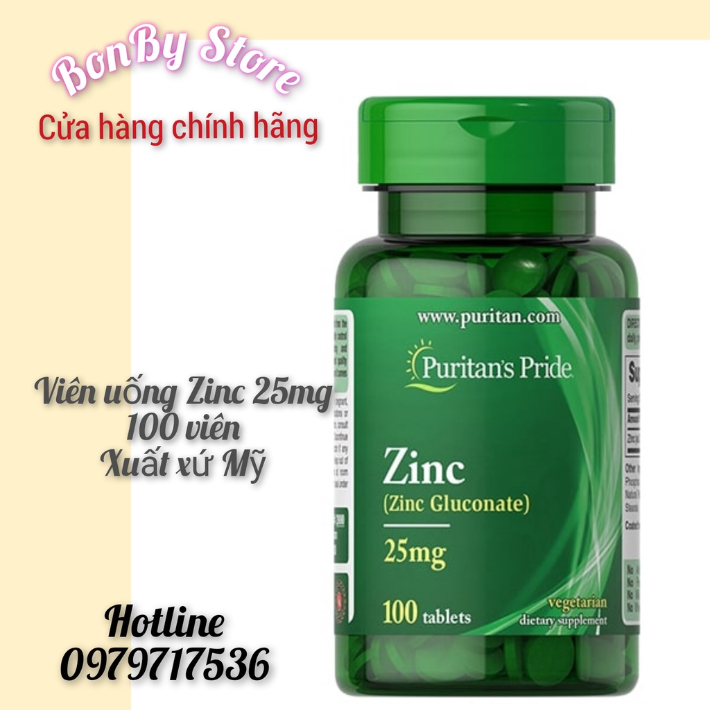 (BILL US)Viên uống bổ sung kẽm Puritain'sPride Zinc Gluconate 25mg -100viên