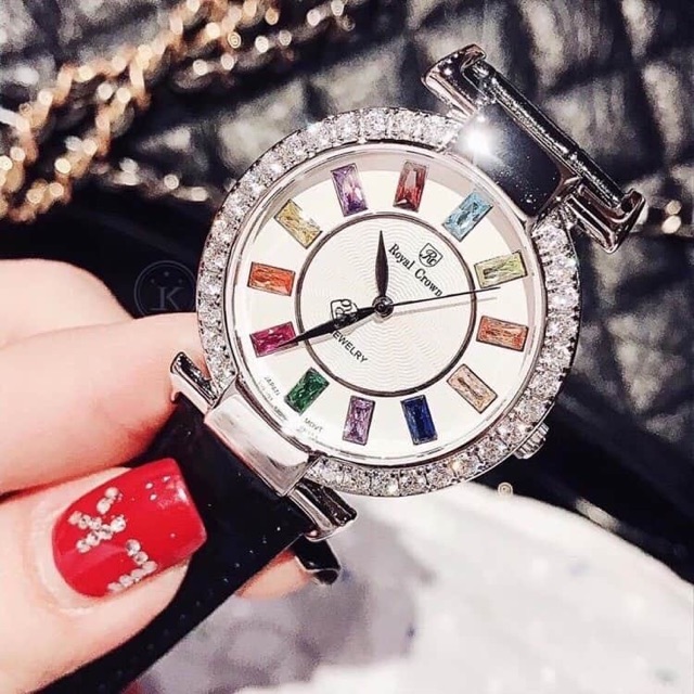 Đồng hồ nữ dây da nạm đá ngũ sắc đẹp lung linh