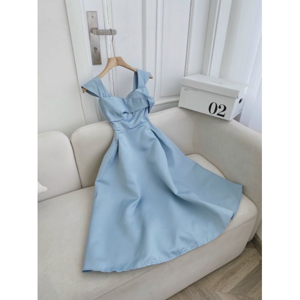 Đầm váy hotgirl dự tiệc form midi màu xanh pastel sang trọng, tay bẹt vai hoặc 2 dây, kèm hình thật