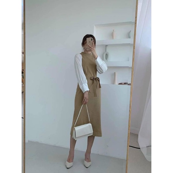 Váy lên suông phối tay sơ mi kèm belt hàng quảng châu cao cấp