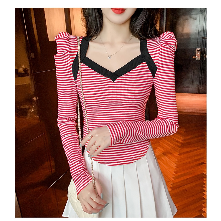 Áo len tay phồng ZHELIHANGFEI họa tiết kẻ sọc dáng ôm quyến rũ