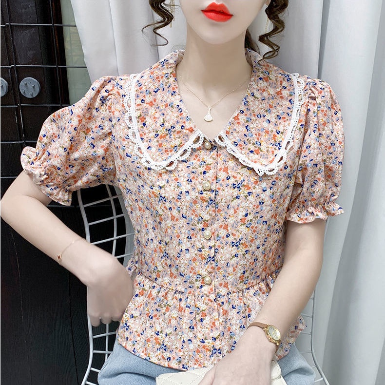 Áo Sơ Mi Voan Ngắn Tay Phối Ren Hoa Thời Trang Dành Cho Nữ