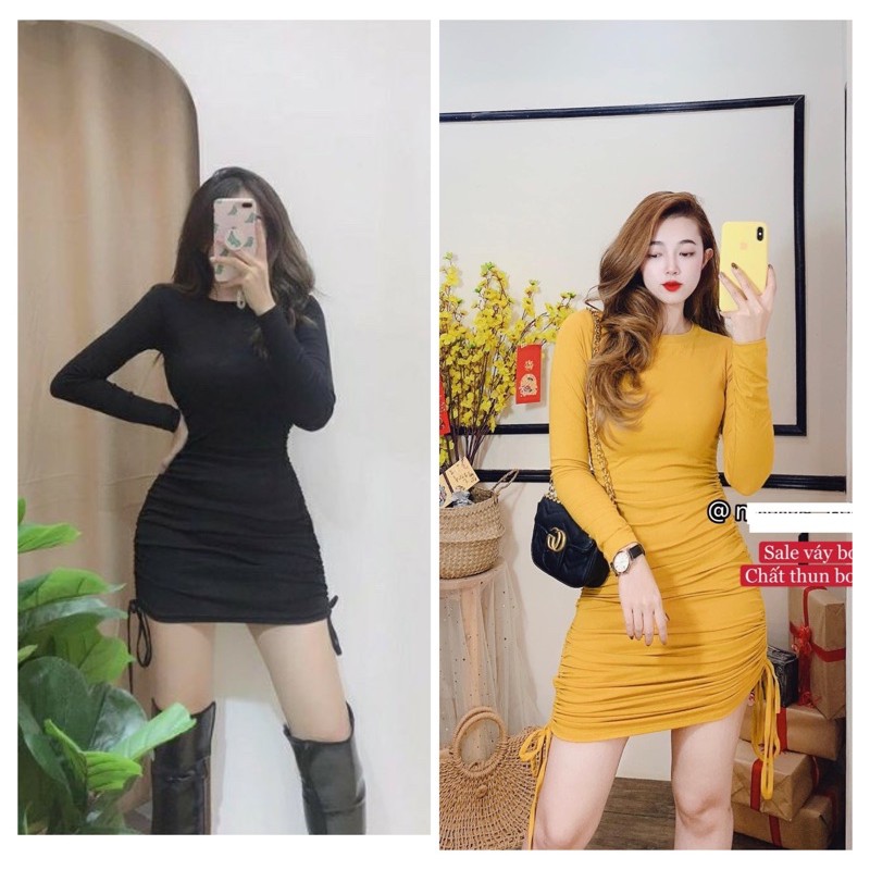 [Free Ship] Váy body tay dài nhún hông và dây rút, chất thun dày mịn