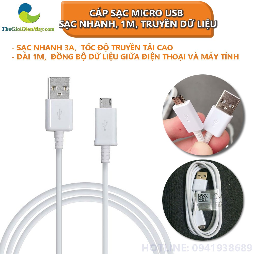 Cáp sạc Micro USB Sạc Nhanh 3A, Dài 1m, truyền dữ liệu - Shop Thế Giới Điện Máy