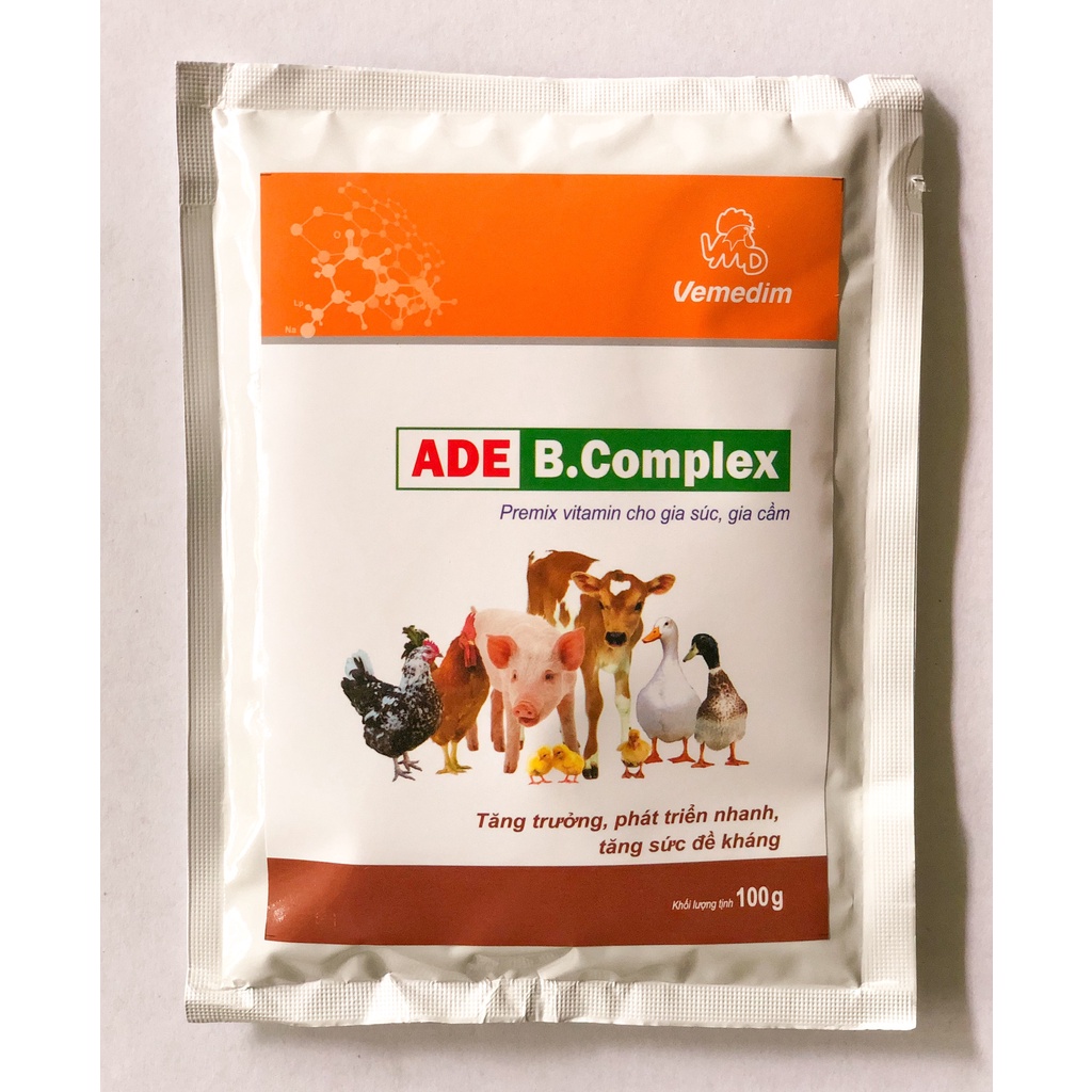 ADE B complex bổ sung vitamin A,D,E và vitamin nhóm B giúp tăng đề kháng cho chó mèo,gia súc, gia cầm(combo 3 gói 100g)