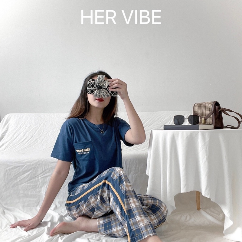 Bộ đồ pijama mặc nhà nữ thu hè tay ngắn quần dài xanh than siêu mềm thấm hút - Đồ ngủ nữ mặc nhà quần dài Her Vibe