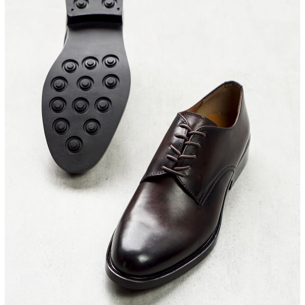 Giày nam derby công sở da bò đánh màu patina mũi tròn đế cao su đúc bảo hành 12 tháng