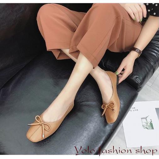 Giày bệt búp bê nữ đế bằng da mềm đính nơ xinh xắn hàng QC cao cấp - Kèm hình thật