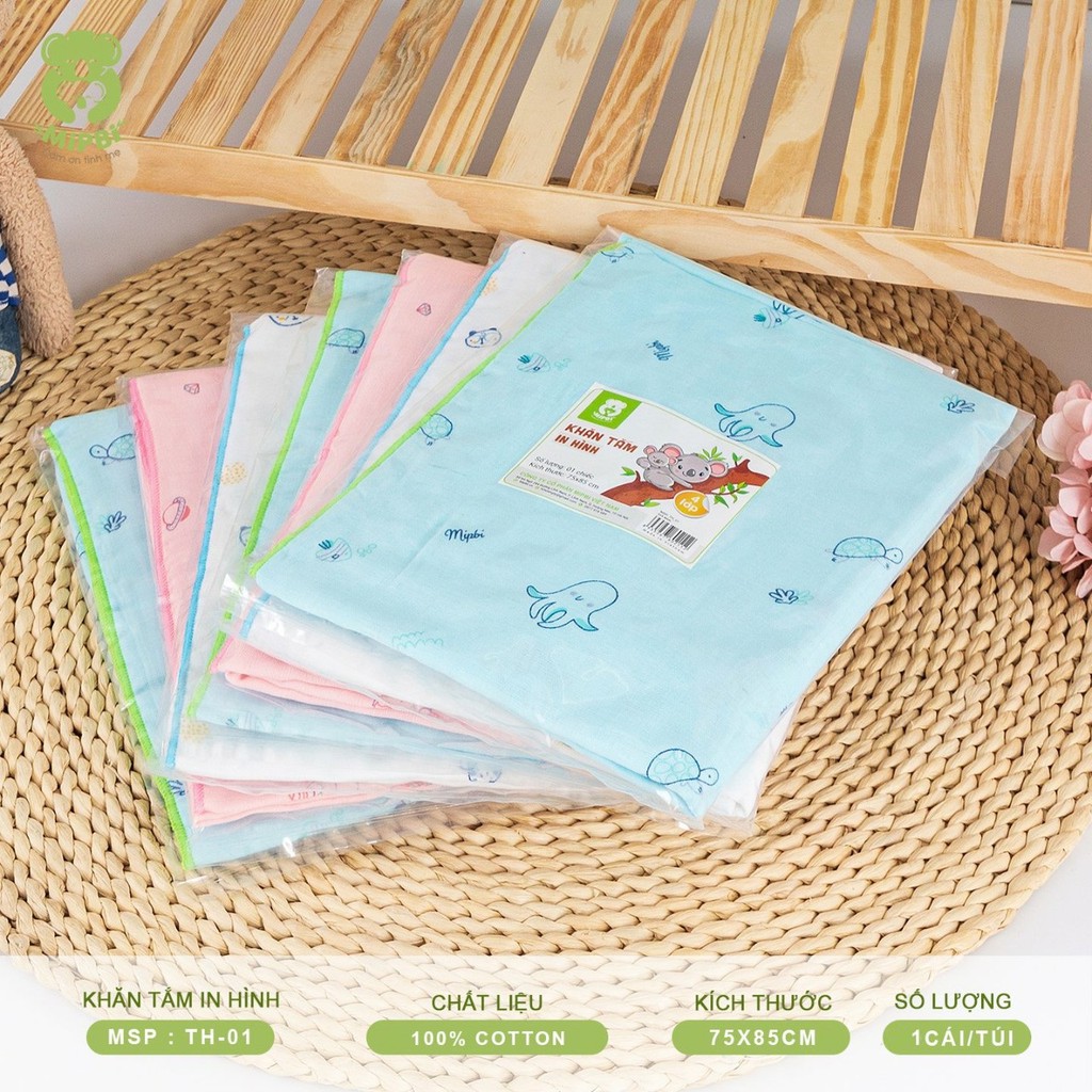 Khăn tắm in hình cao cấp Mipbi 4 lớp 100% cotton tự nhiên TH01 (Túi 1 chiếc 75x85cm)