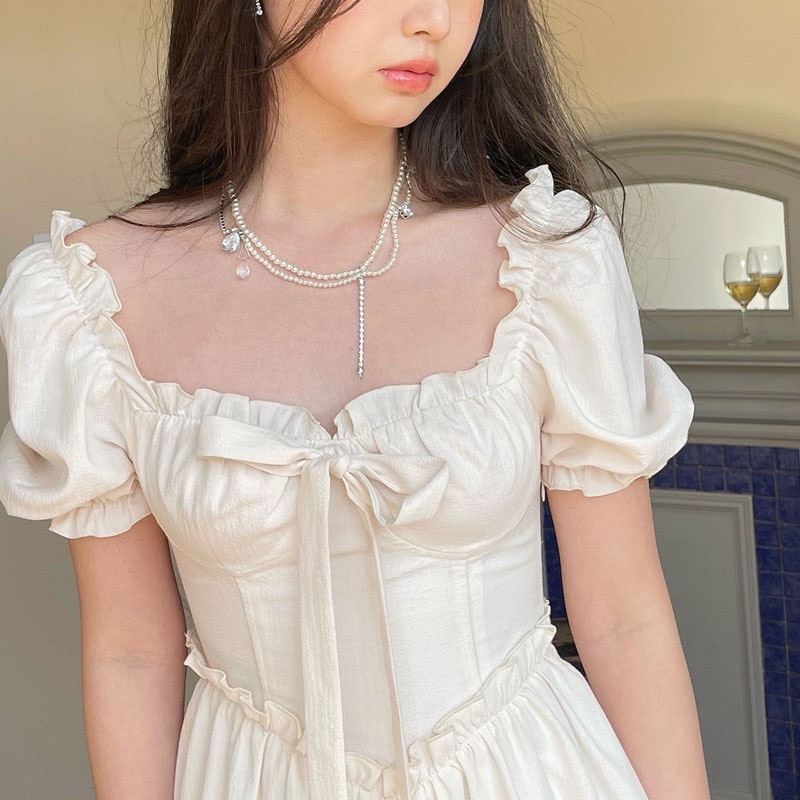 Đầm midi Cổ Vuông Tay Phồng Đính Nơ Thời Trang Mùa Hè Xinh Xắn Cho Nữ