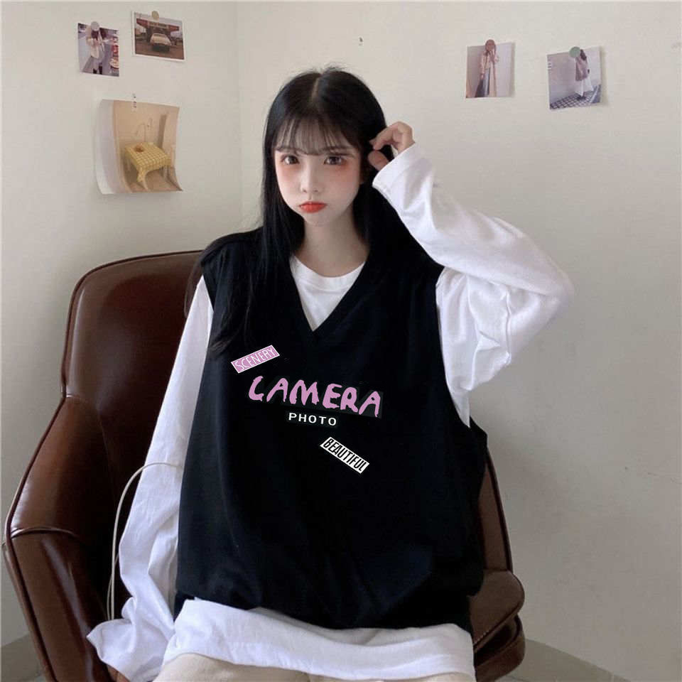 Áo Gile Jacket Women's Fashion Student Loose Korean V-neck Vest Women's Sleeveless Sweater Vest