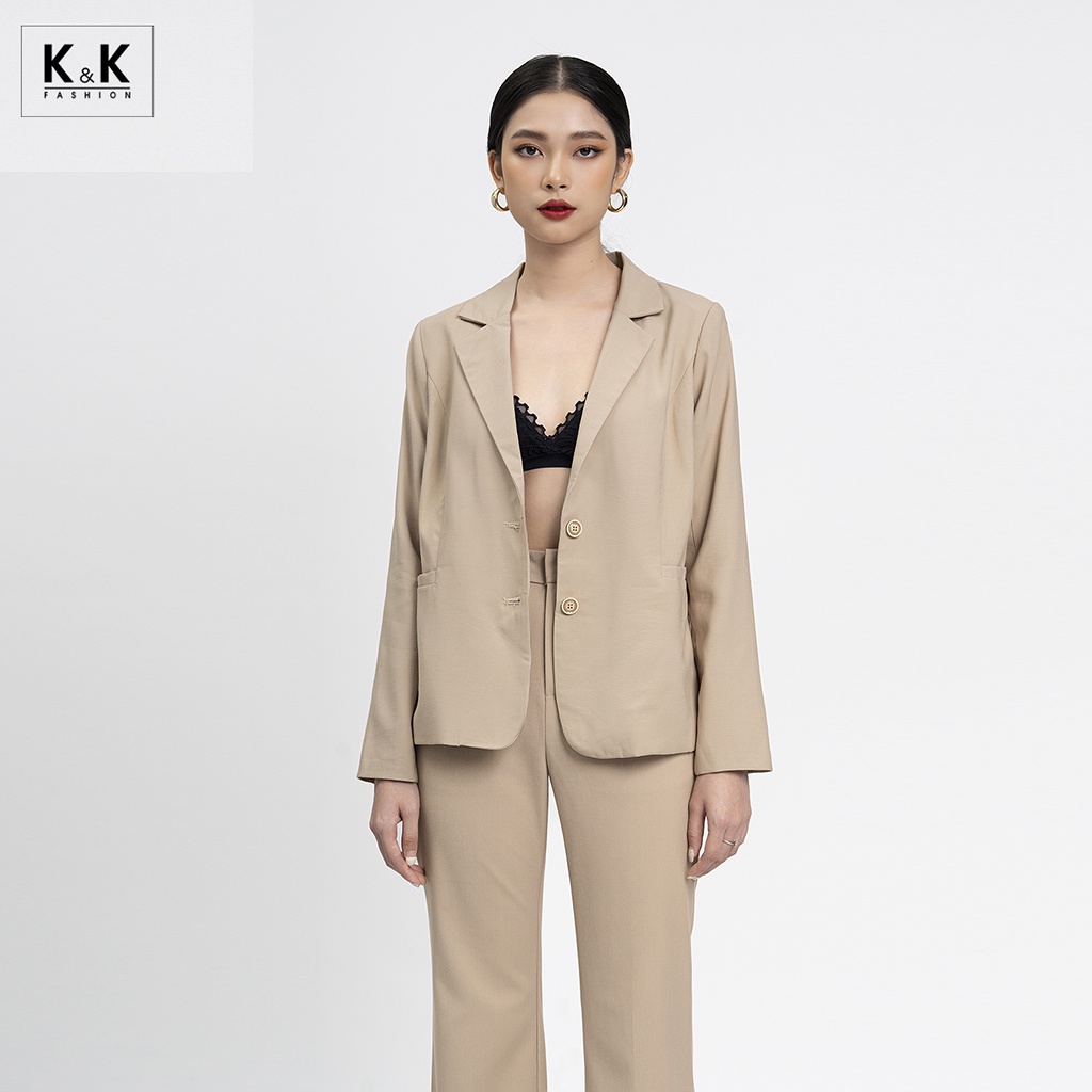 Áo Khoác Blazer 2 Lớp Túi Mổ K&amp;K Fashion AK10-18 Màu Kem Tay Dài Chất Liệu Kaki Lụa