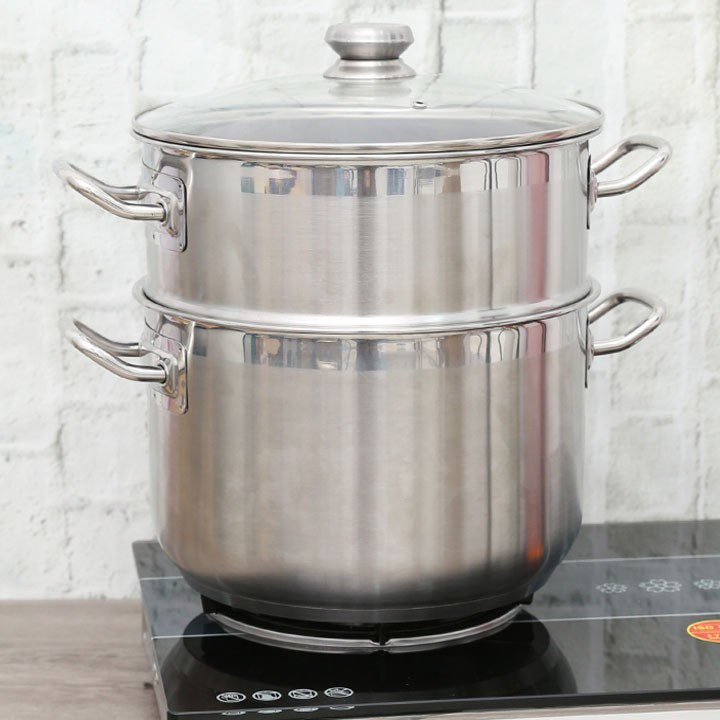 Bộ nồi xửng hấp cao cấp Fivestar 24cm - 26cm - 28cm - Inox 3 đáy nắp kính đun từ - BH 5 năm