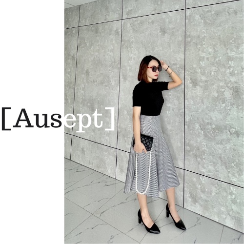 Final Sale (NY240k)-Chân váy xòe nữ midi Woman by Ausept đen nâu ghi