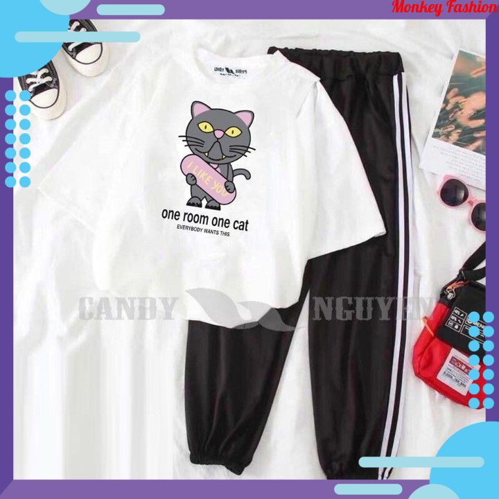 Sét Bộ Đồ Nữ Mặc Mùa Hè, Áo Phông Thun Cotton Mát Mịn In Mèo Con Mix Quần Thun Sọc Bo Gấu Phong Cách Hàn Quốc