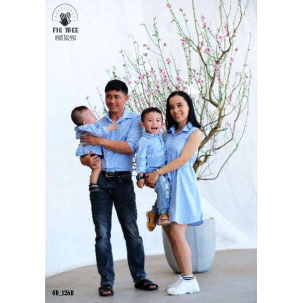 Combo Sơ Mi Váy Gia Đình FIGTREE Caro Xanh Nhạt Mã 126B
